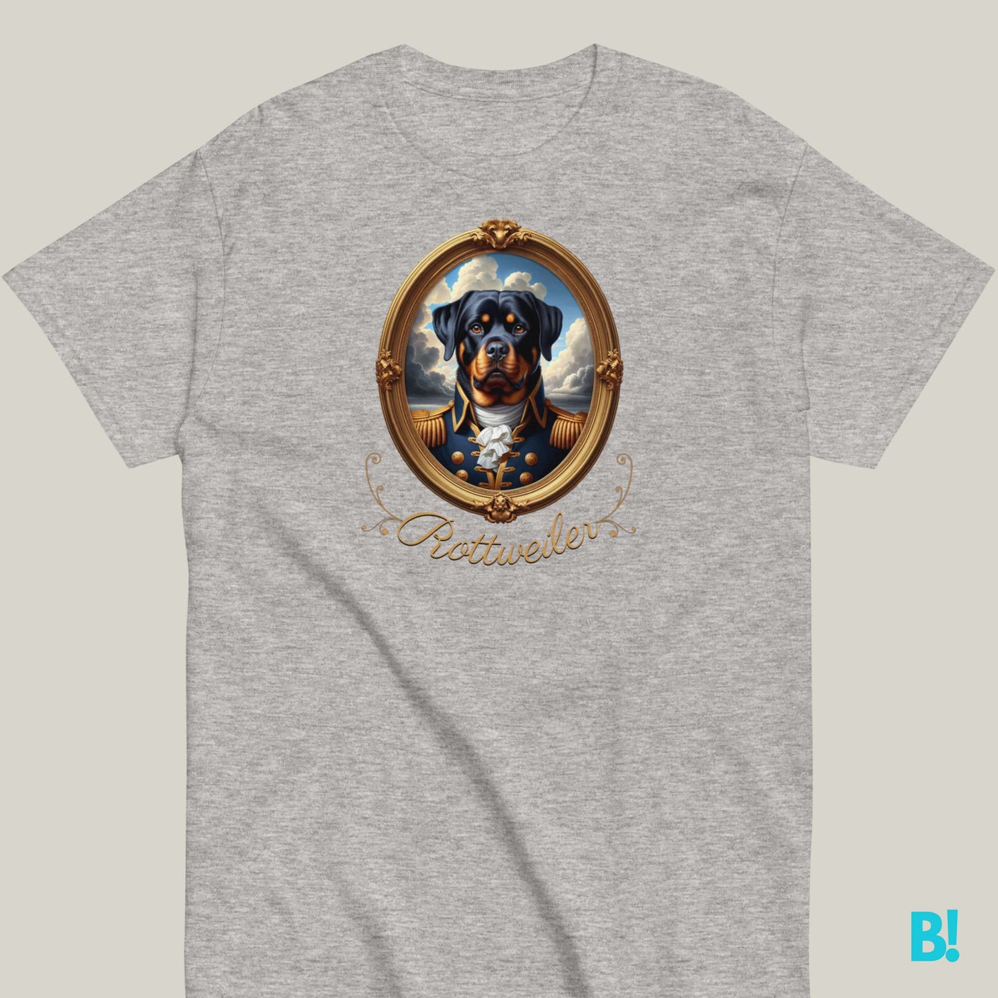 Grey t-shirt featuring a Rottweiler in a regal Napoleon-inspired portrait.