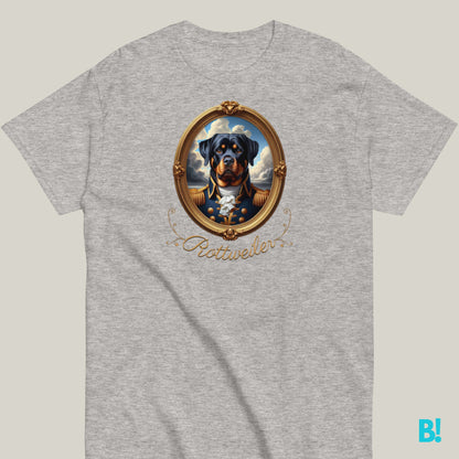 Grey t-shirt featuring a Rottweiler in a regal Napoleon-inspired portrait.