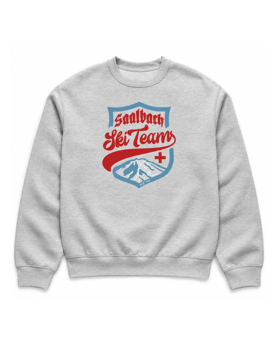 BINKY Saalbach Ski Team Heavy Sweater in Athletic Heather, front view with vintage Austrian ski-team graphic.