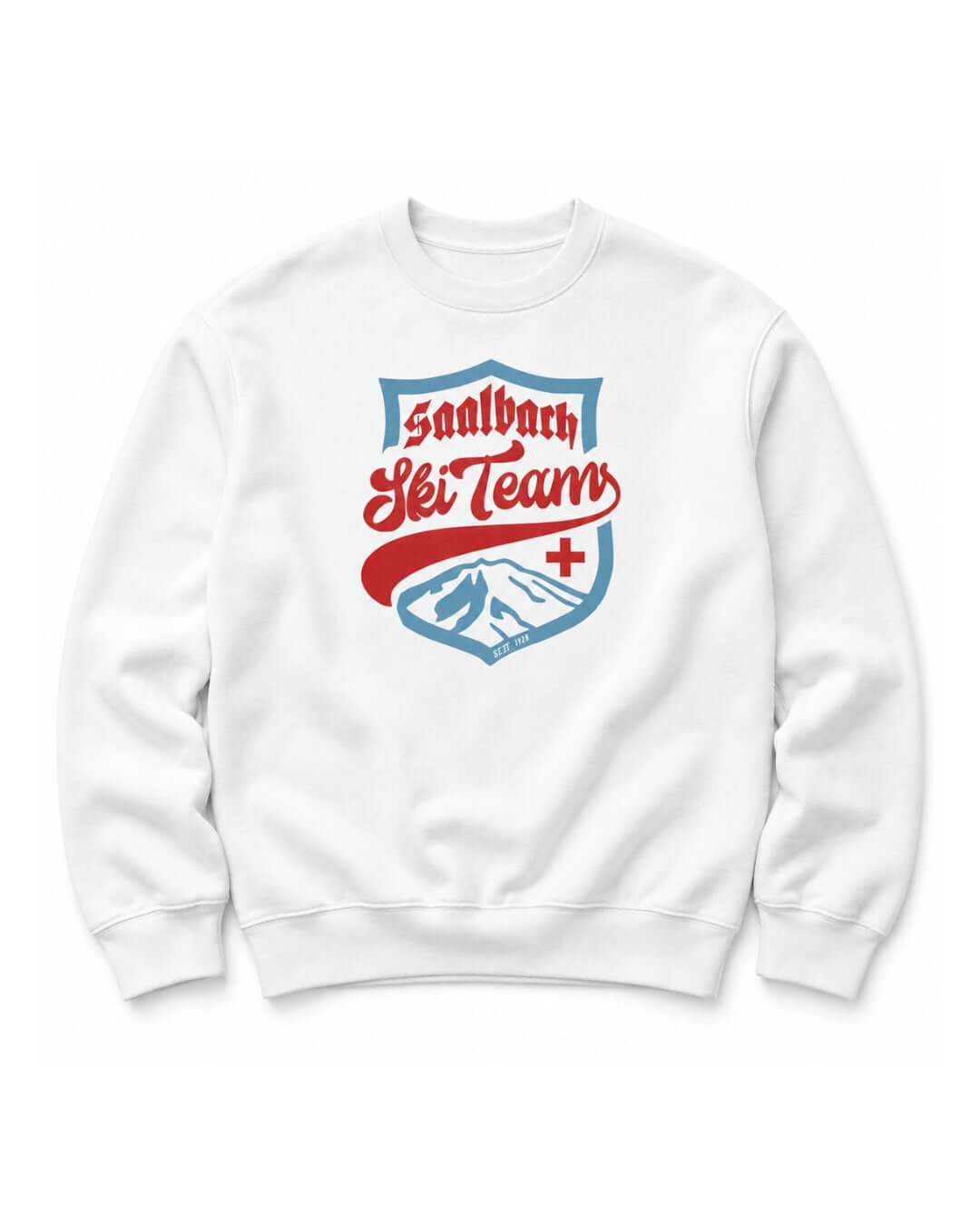 BINKY Saalbach Ski Team Heavy Sweater in White, front view with vintage Saalbach ski-team graphic.