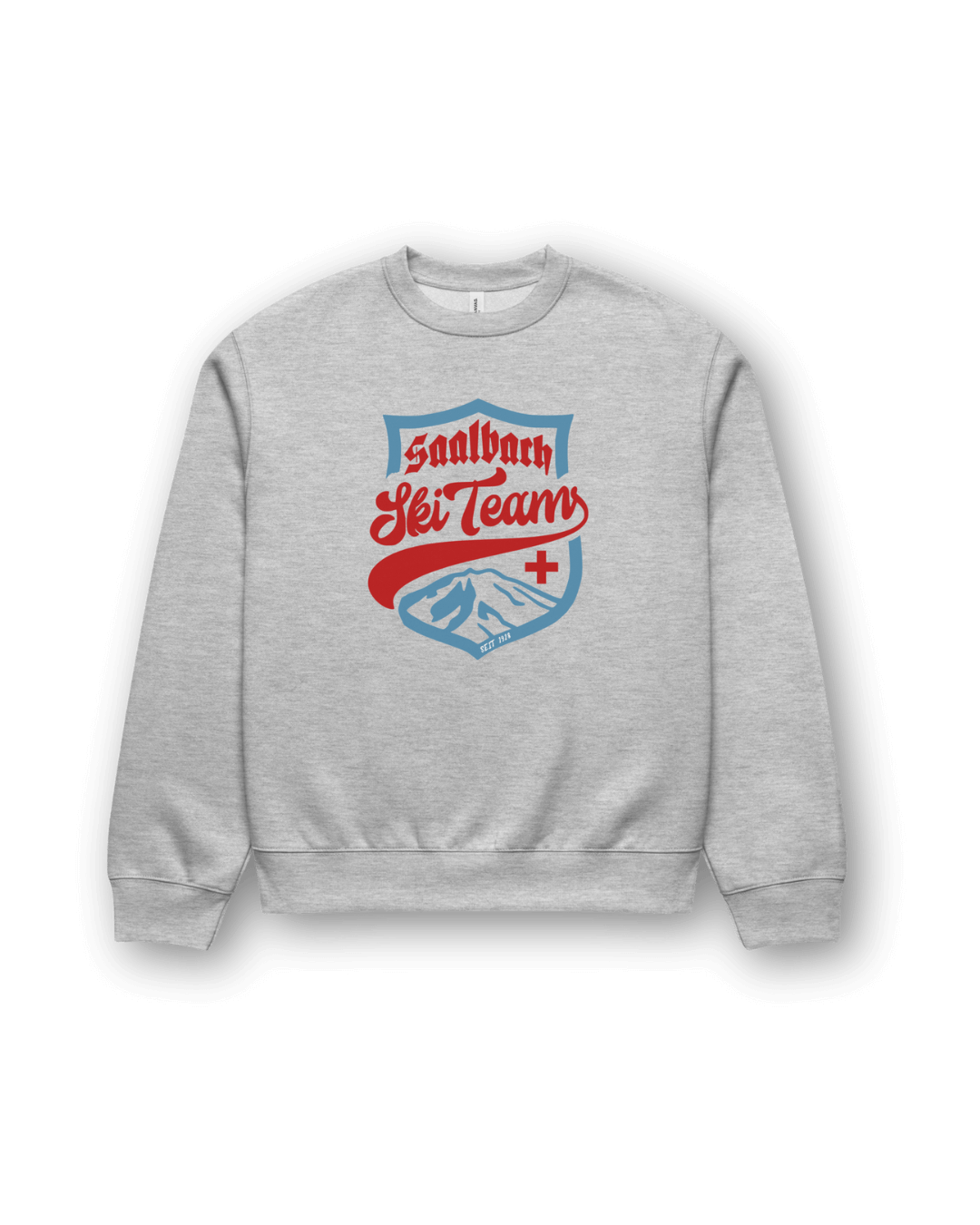 SAALBACH SKI TEAM HEAVY SWEATER in gray with retro logo, perfect for après-ski and cozy winter vibes.