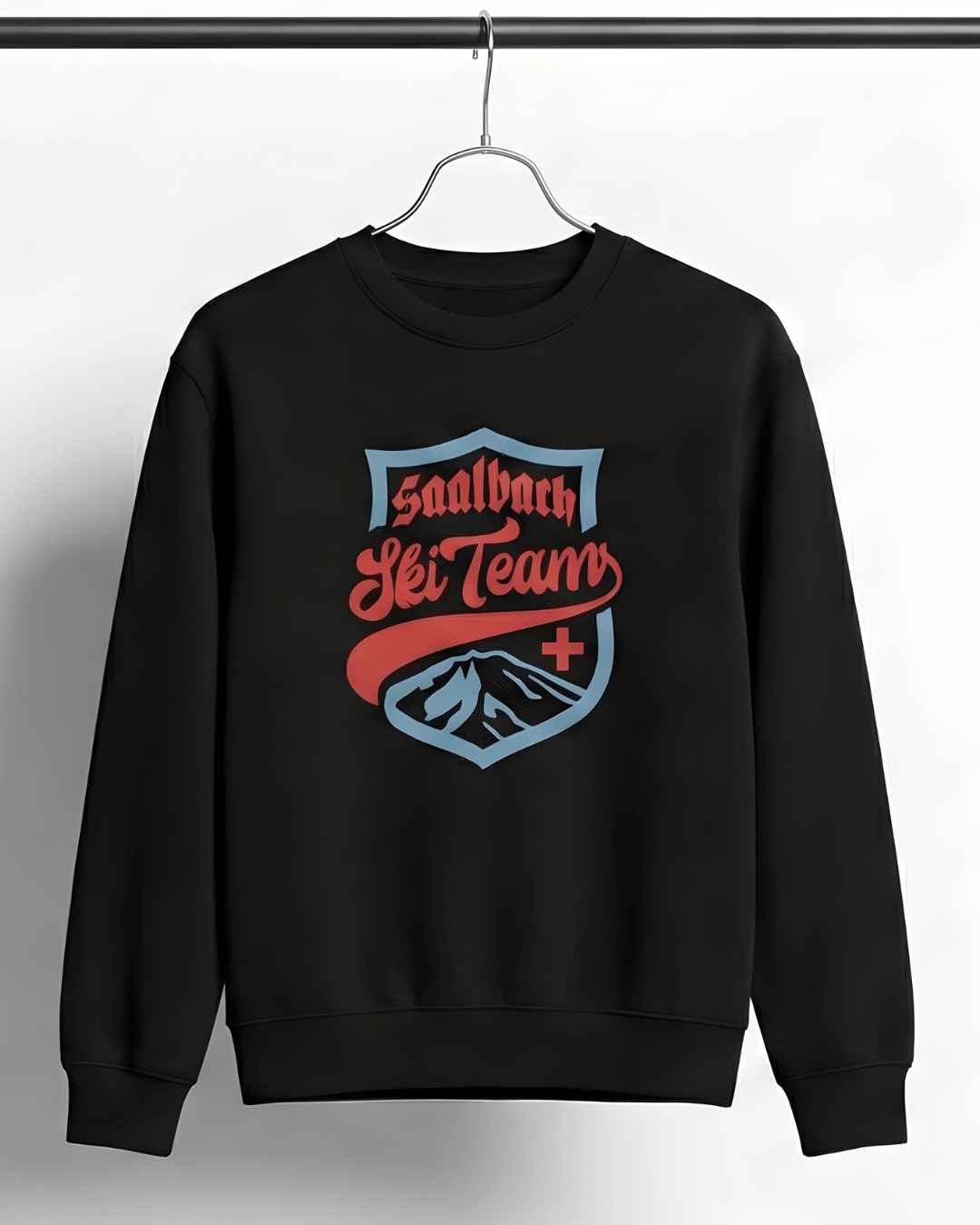 Saalbach Ski Team Heavy Sweater featuring a vintage graphic on a black fleece pullover.