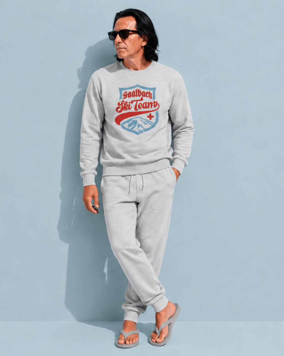 Saalbach Ski Team Heavy Sweater featured on a model wearing relaxed fit and casual style, perfect for winter wear.