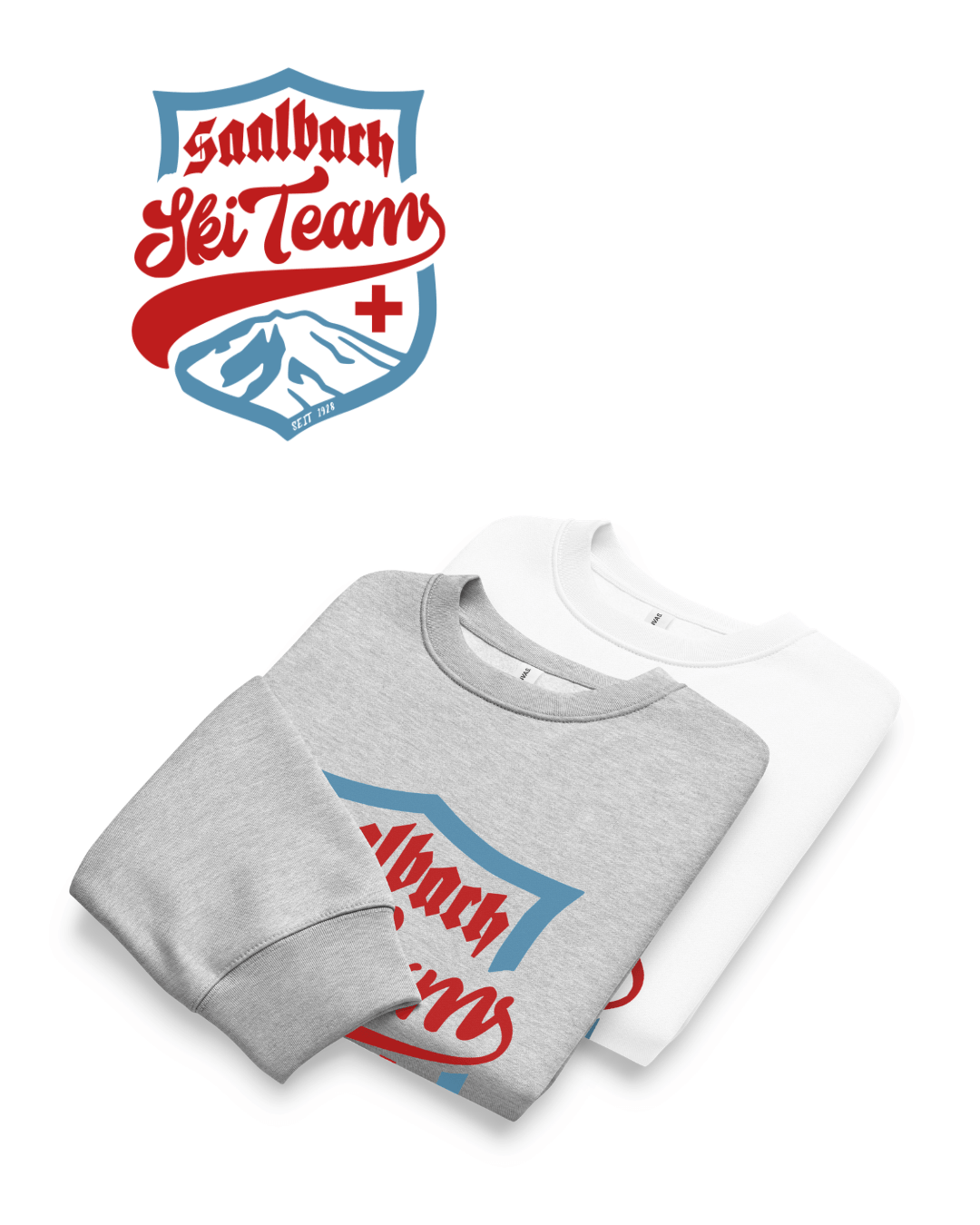 Saalbach Ski Team Heavy Sweater in gray and white, featuring vintage ski-team graphic and alpine design.