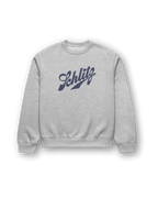 SCHLITZ HEAVY SWEATER featuring oversized fit, heavy fleece in gray with vintage-style lettering.