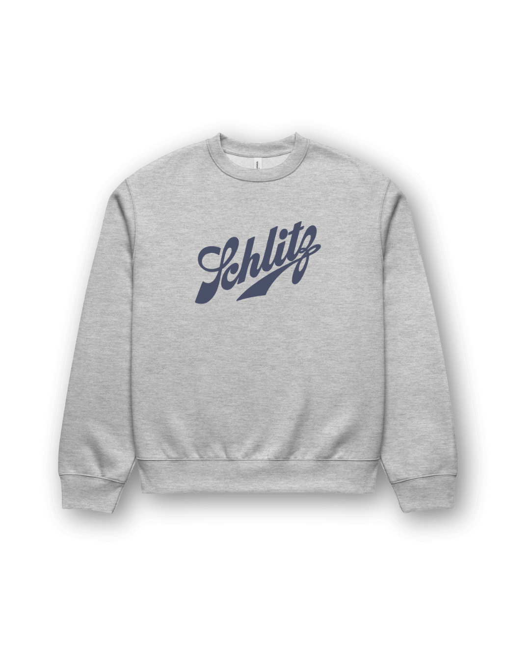 SCHLITZ HEAVY SWEATER featuring oversized fit, heavy fleece in gray with vintage-style lettering.