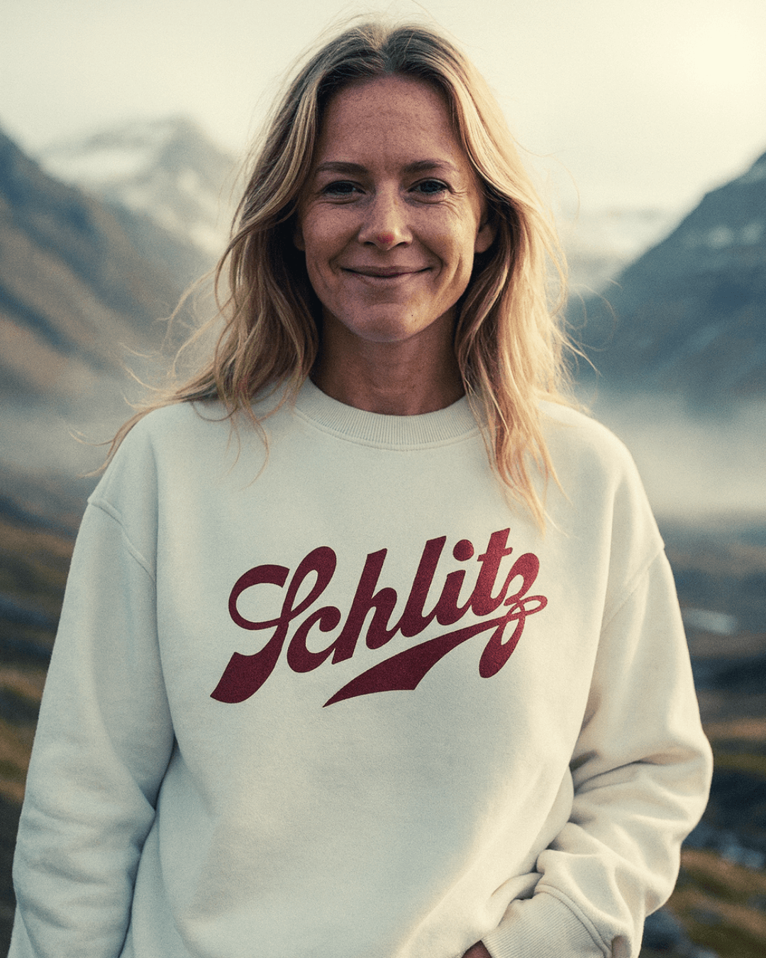 Woman wearing a SCHLITZ HEAVY SWEATER with oversized fit, showcasing vintage ski-lodge vibes and heavy fleece.