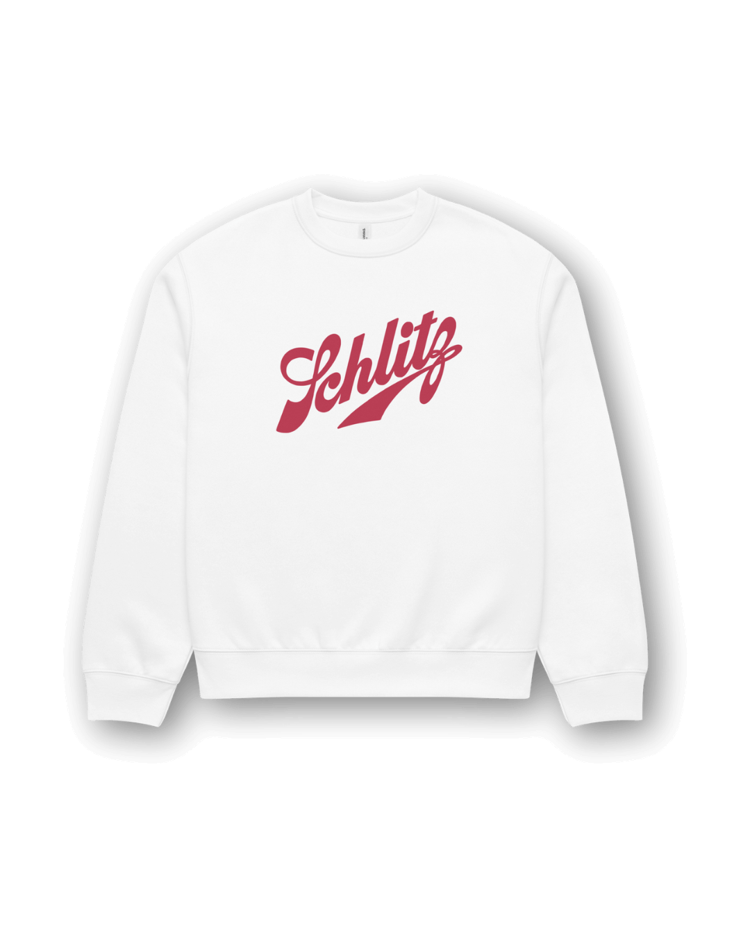 SCHLITZ HEAVY SWEATER with oversized fit, featuring vintage-inspired graphic on white fleece.