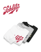 Three SCHLITZ HEAVY SWEATERS in white, grey, and black with iconic logo above.