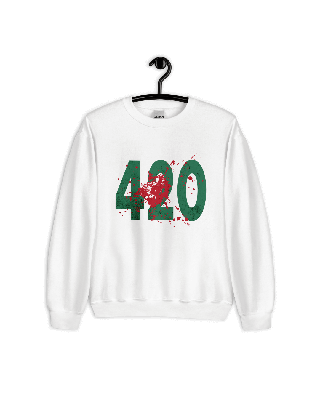 SQUID GAMES 420 SWEATER in white with green lettering and blood splatter design, perfect for bold streetwear.