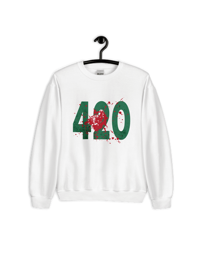 SQUID GAMES 420 SWEATER in white with green lettering and blood splatter design, perfect for bold streetwear.