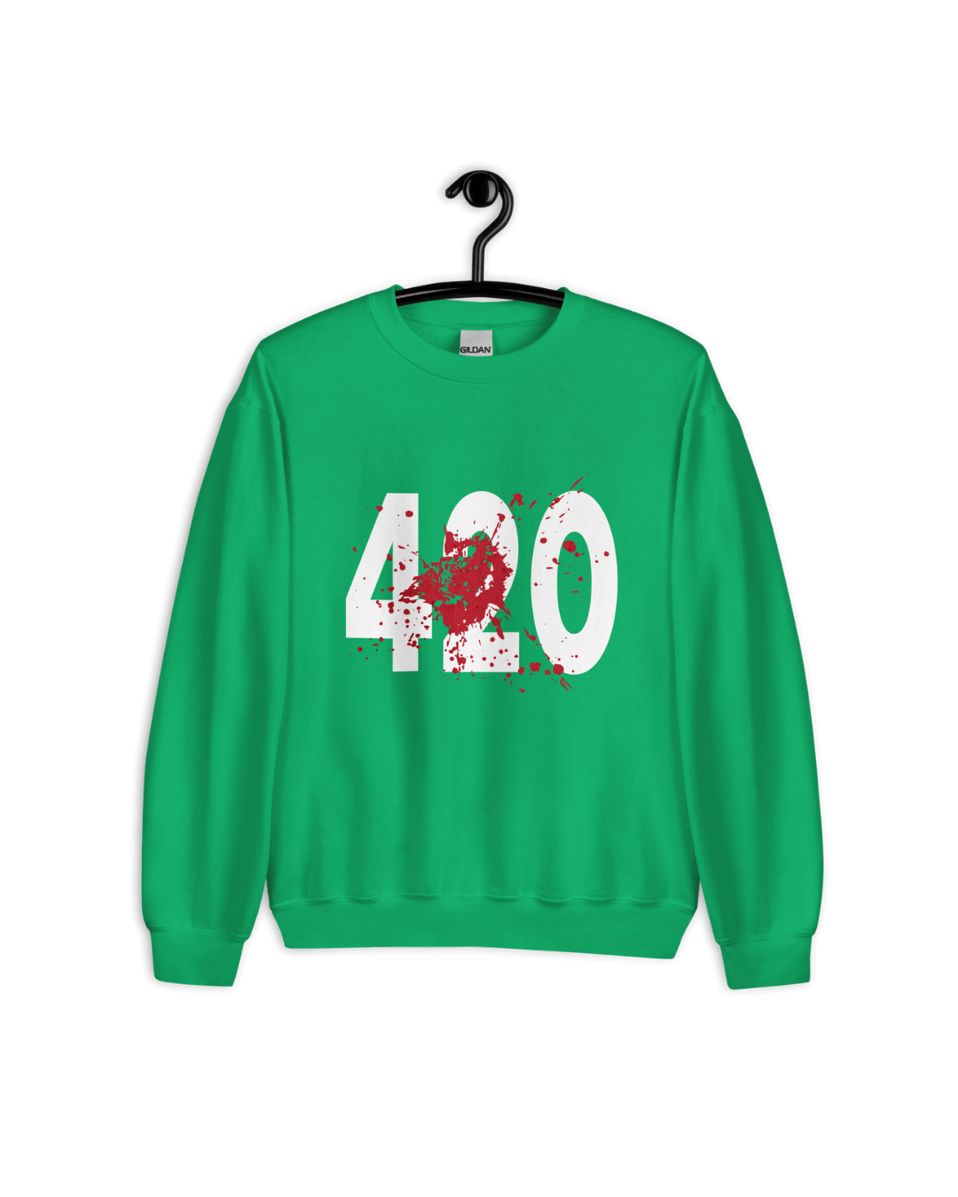 SQUID GAMES 420 SWEATER in vibrant green featuring bold '420' graphic with splatter details.