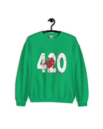 SQUID GAMES 420 SWEATER in vibrant green featuring bold '420' graphic with splatter details.