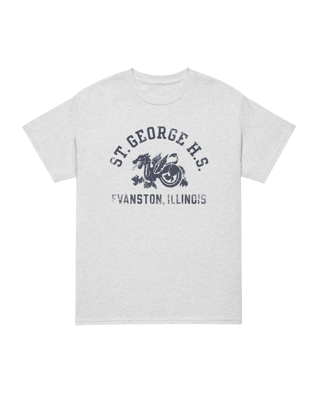 ST. GEORGE HIGH SCHOOL T-SHIRT featuring gray fabric and navy graphic design with 'Evanston, Illinois' text.
