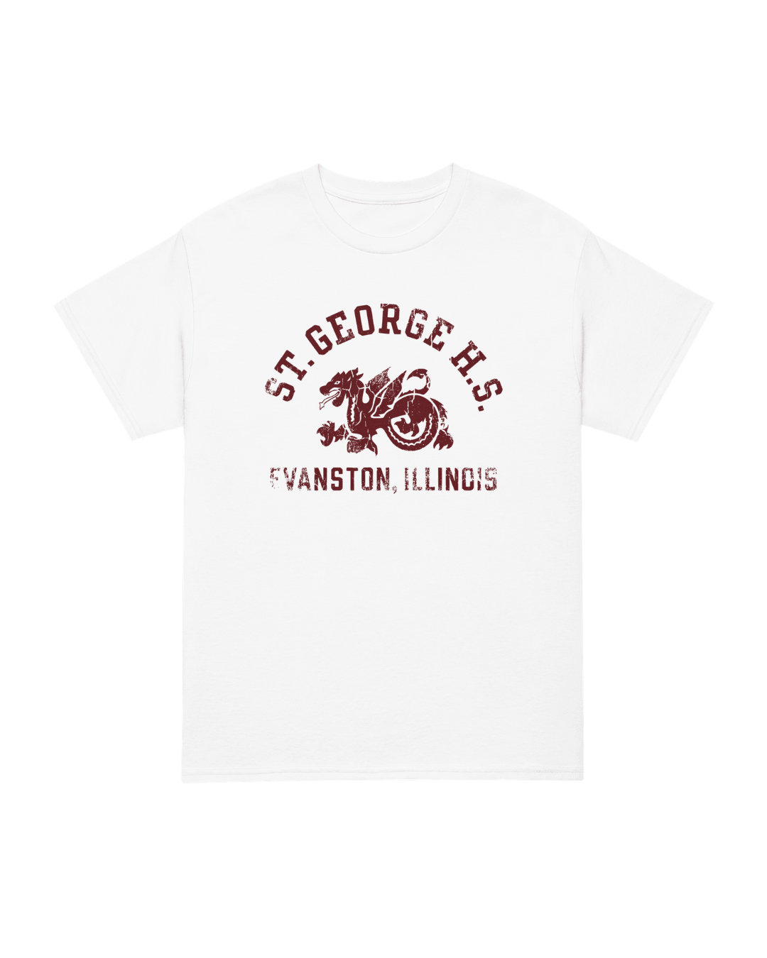 ST. GEORGE HIGH SCHOOL T-SHIRT featuring a white design with maroon graphics, honoring Evanston, Illinois.