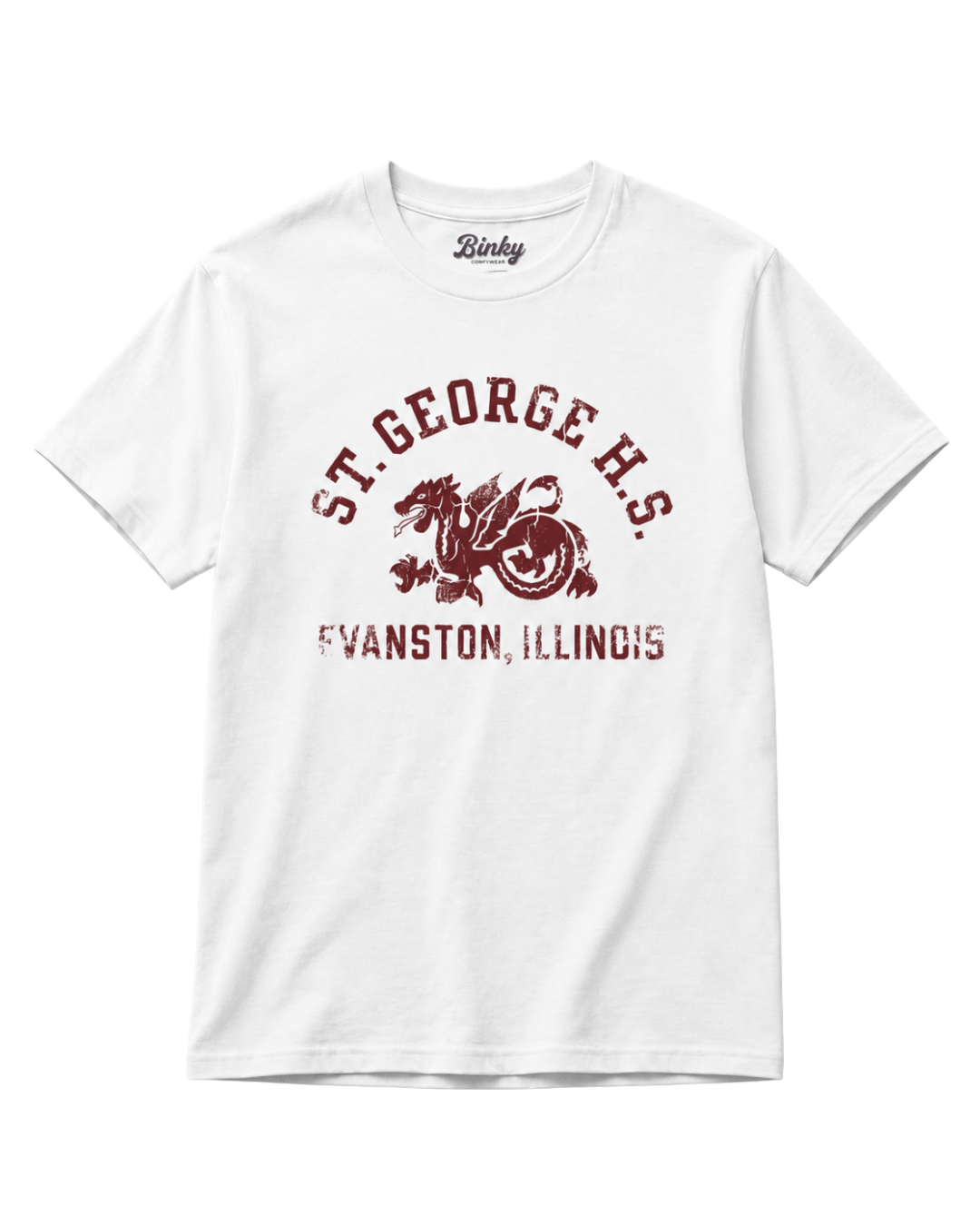 St. George High School T-Shirt featuring a dragon logo and the text "EVANSTON, ILLINOIS" on a white background.
