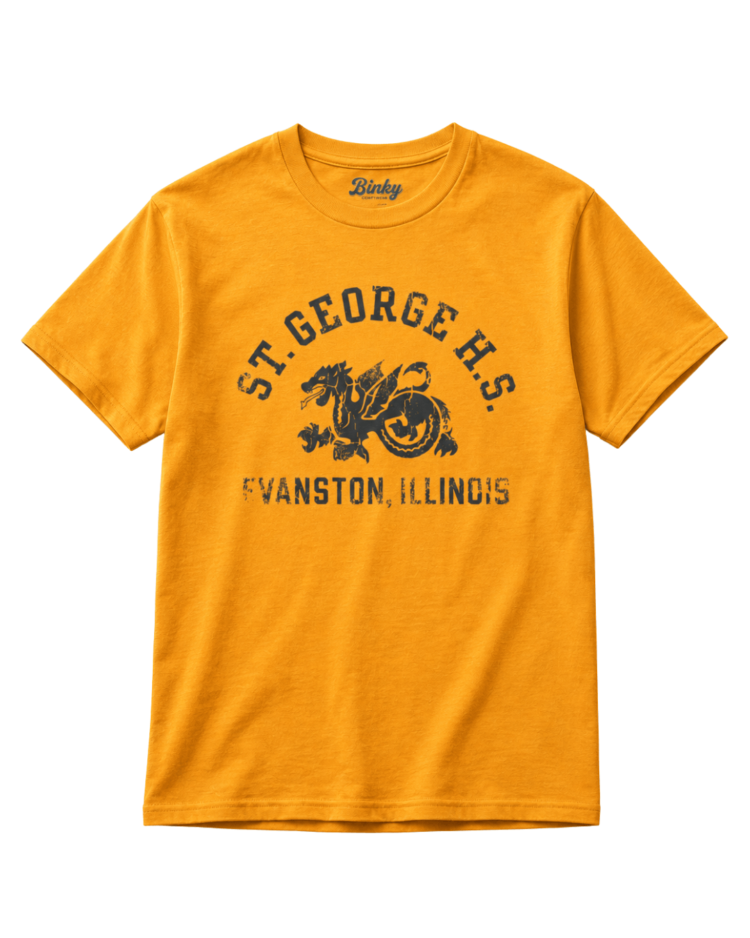 St. George High School T-Shirt featuring a vintage dragon design and Evanston, Illinois text on a gold t-shirt.