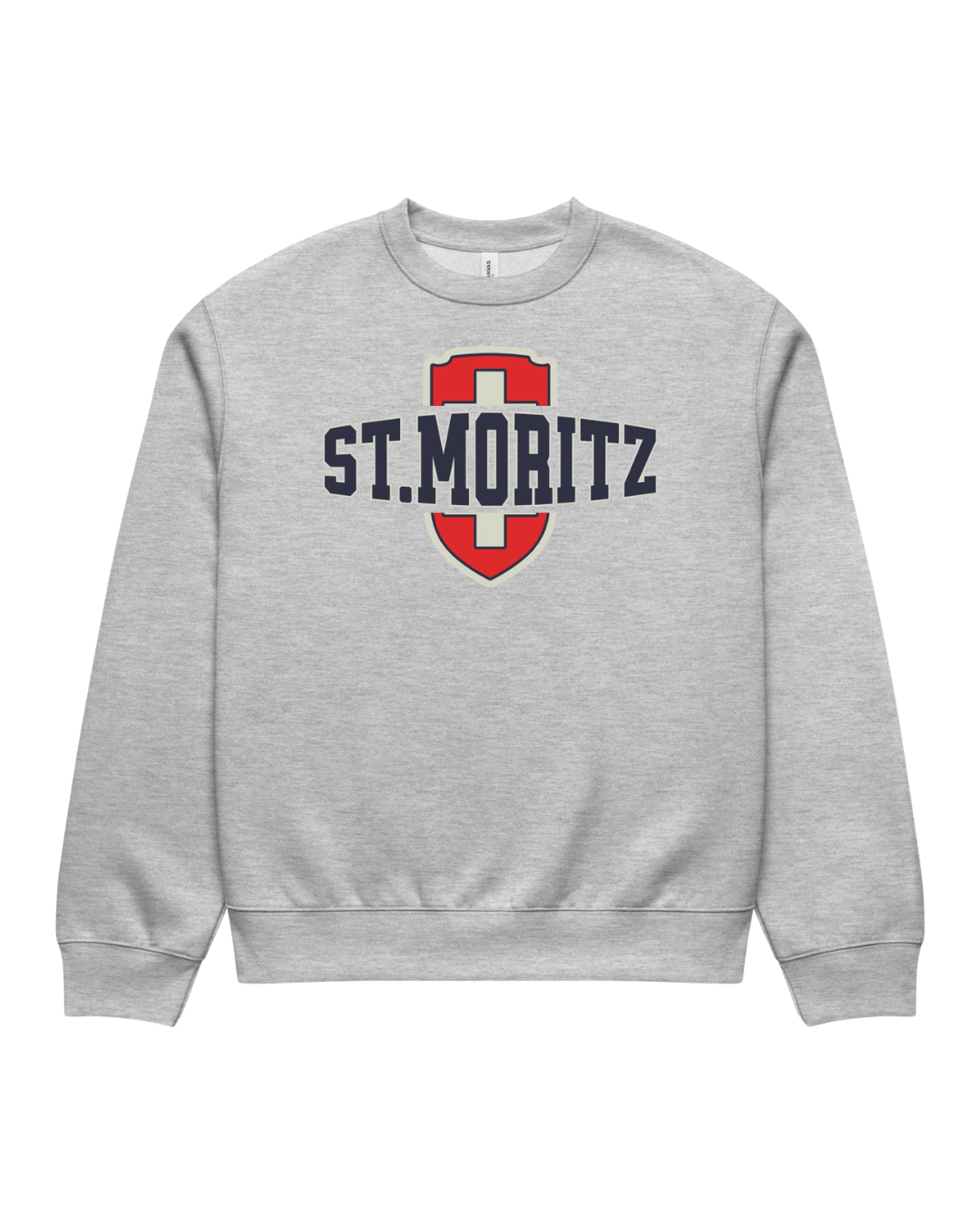 St. Moritz Heavy Sweater featuring a bold Swiss style shield and collegiate typography on a grey crewneck.