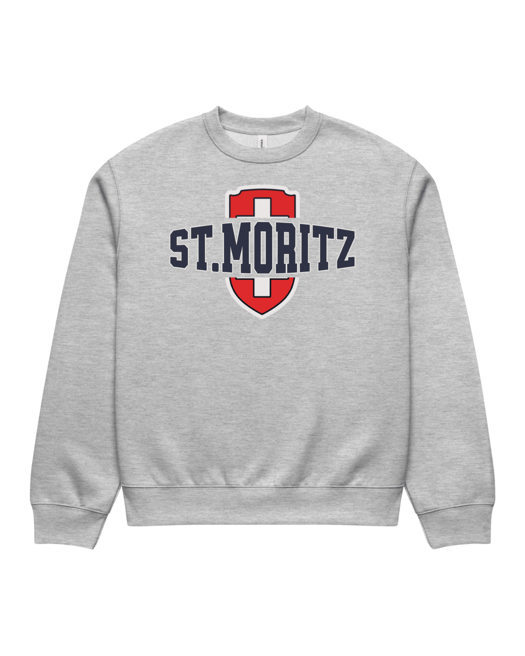 St. Moritz Heavy Sweater in Athletic Heather featuring a bold Swiss style shield and collegiate typography.