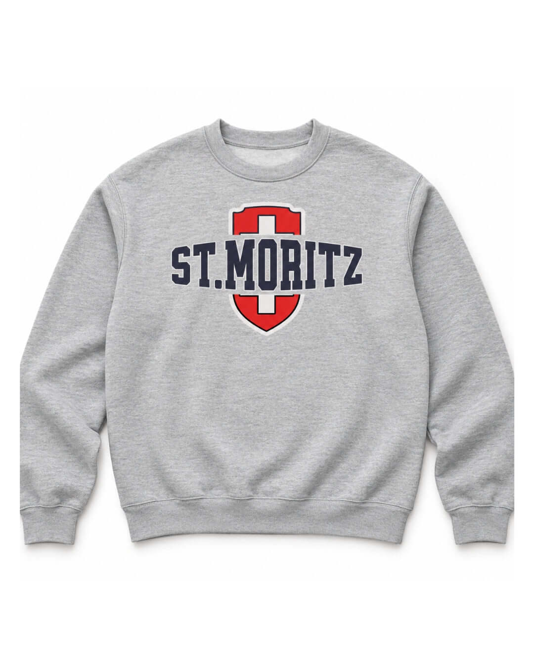 BINKY St. Moritz Heavy Sweater in Athletic Heather, front view with St. Moritz collegiate shield graphic.