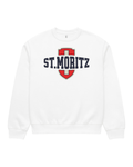 St. Moritz Heavy Sweater featuring a bold Swiss style shield and collegiate typography on a white crewneck.