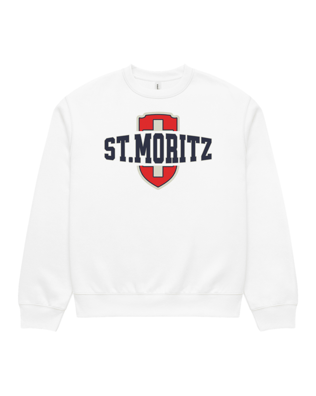St. Moritz Heavy Sweater featuring a bold Swiss style shield and collegiate typography on a white crewneck.