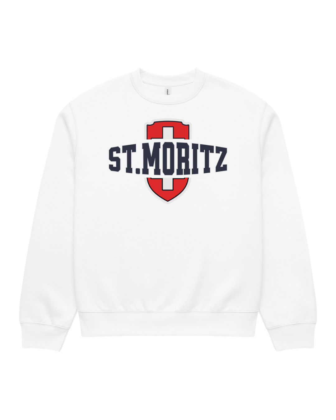 St. Moritz Heavy Sweater in white featuring bold Swiss style shield and collegiate typography.