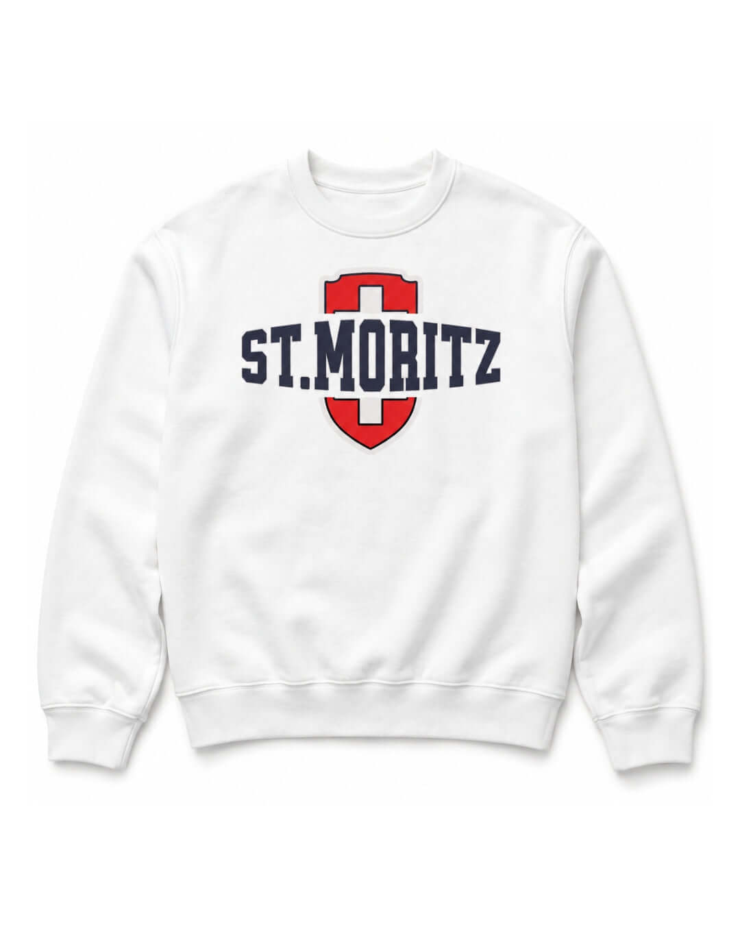 BINKY St. Moritz Heavy Sweater in White, front view with vintage Swiss alpine shield graphic.
