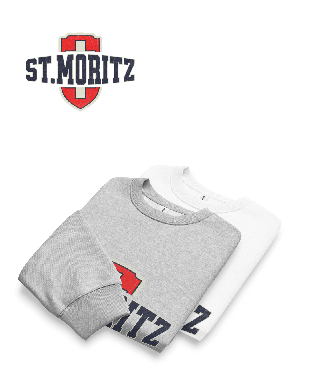 ST. MORITZ HEAVY SWEATER featured in oversized gray and white designs with Swiss shield graphic.