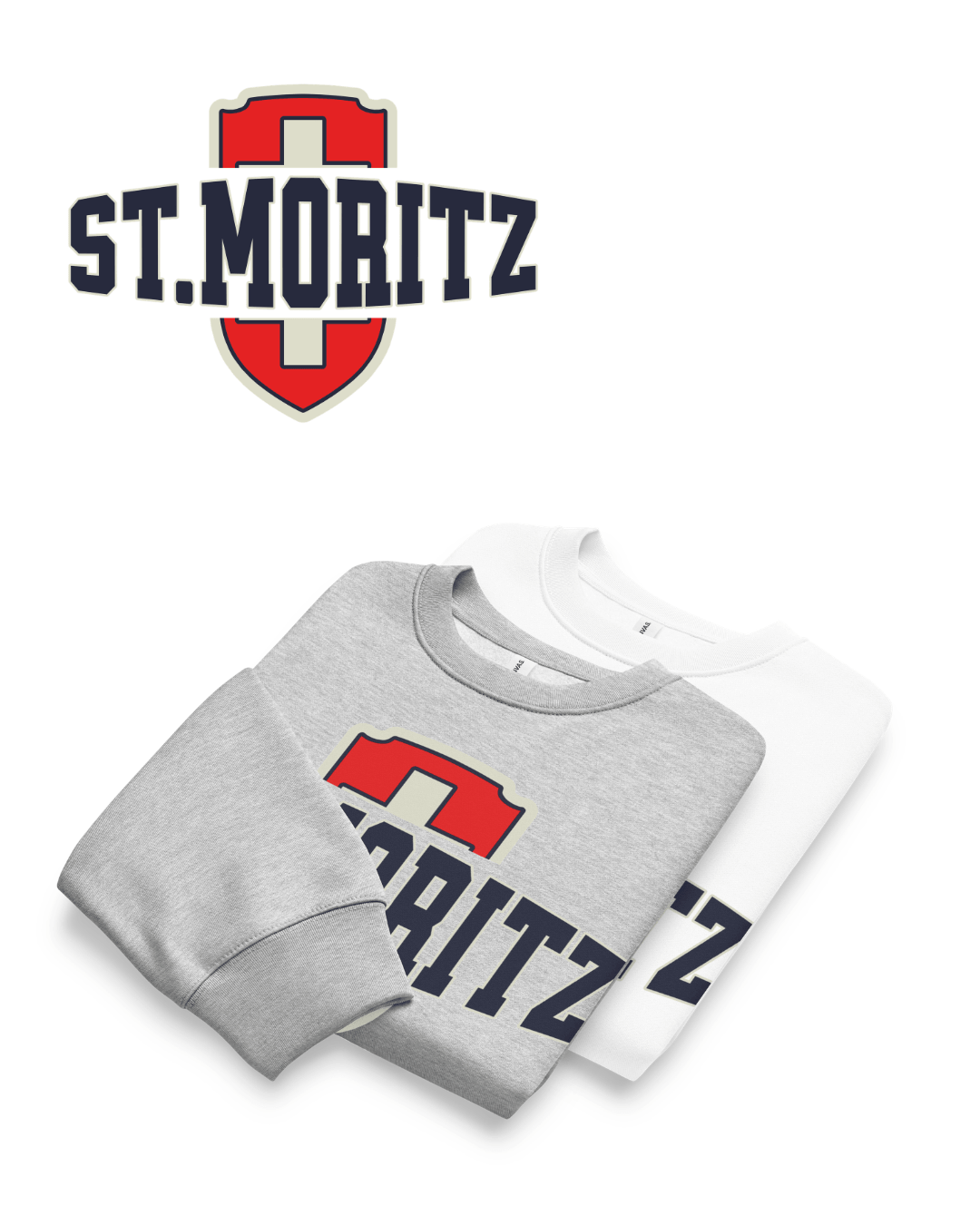 St. Moritz Heavy Sweater collection with gray and white crewnecks and bold Swiss style shield logo on top.