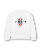 ST. MORITZ HEAVY SWEATER in white with a bold Swiss shield graphic, oversized and perfect for winter wear.