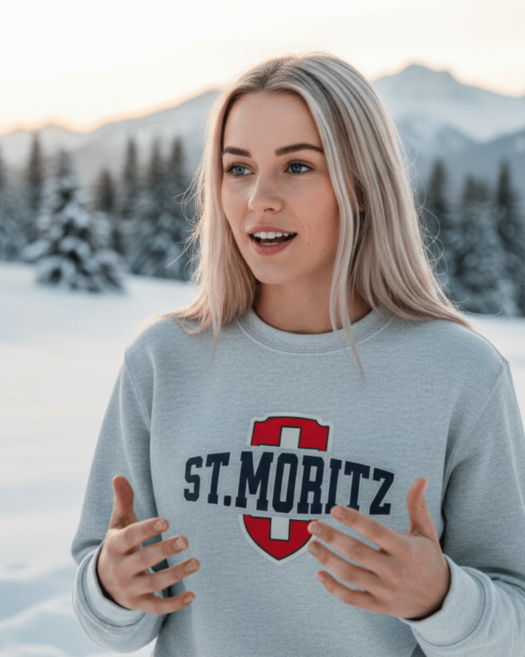 ST. MORITZ HEAVY SWEATER worn by a woman in snowy Swiss landscape, showcasing alpine style and winter elegance.