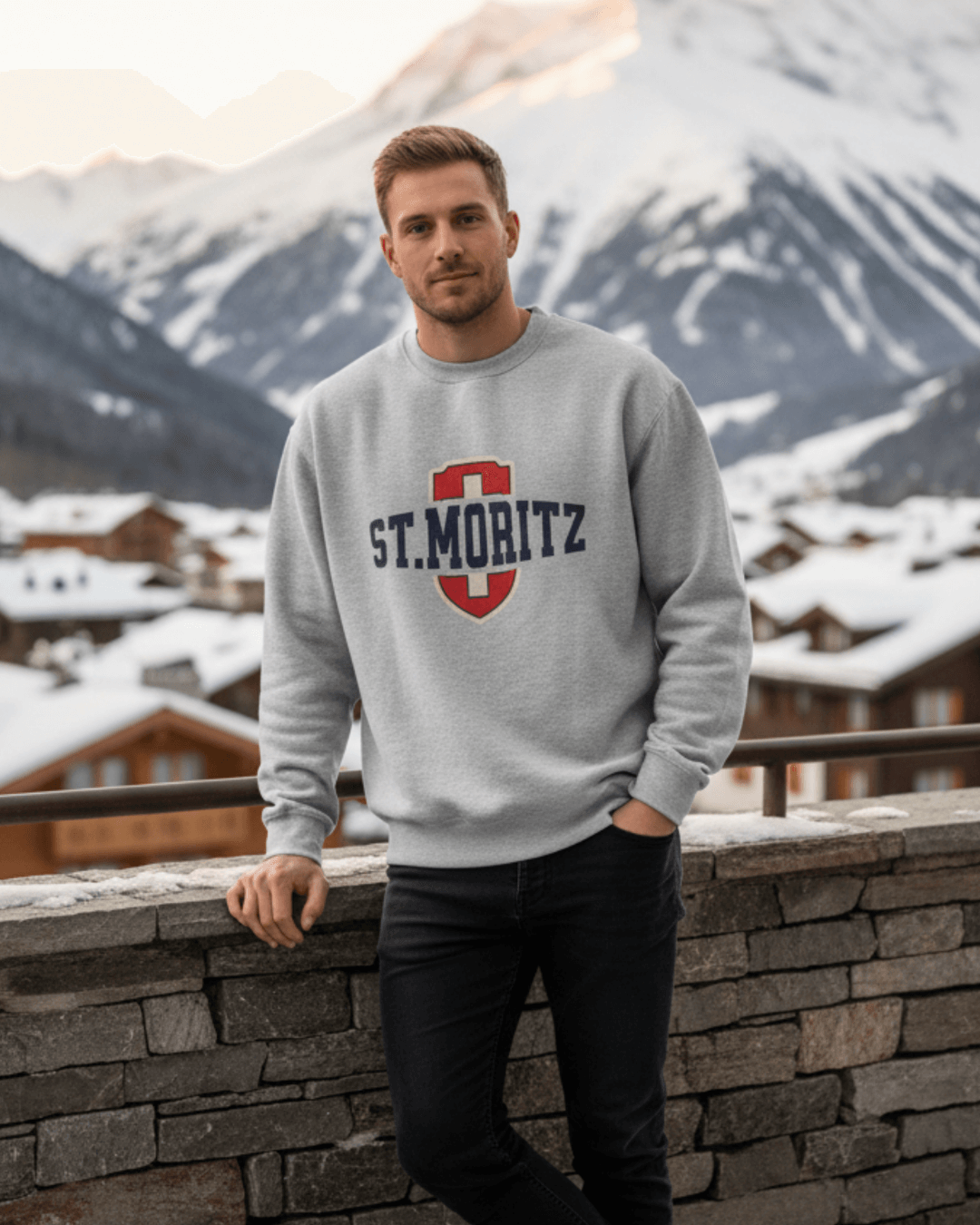 ST. MORITZ HEAVY SWEATER in white with a bold Swiss shield graphic, oversized and perfect for winter wear.