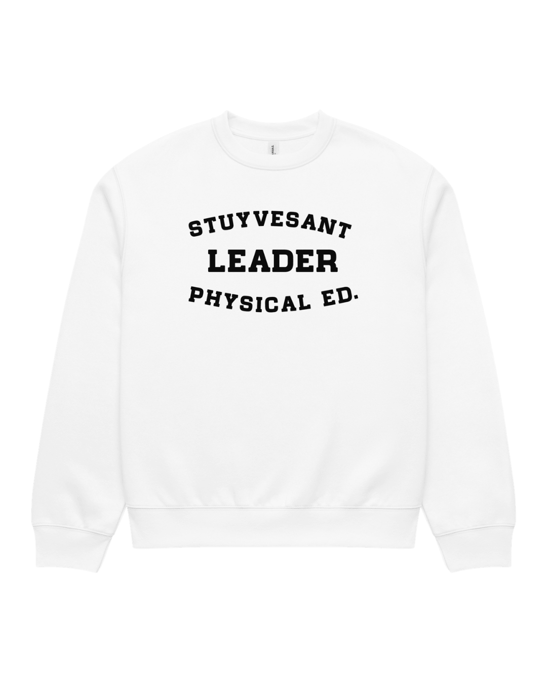 Stuyvesant Leader Heavy Sweater with arched lettering in black on a white fabric.