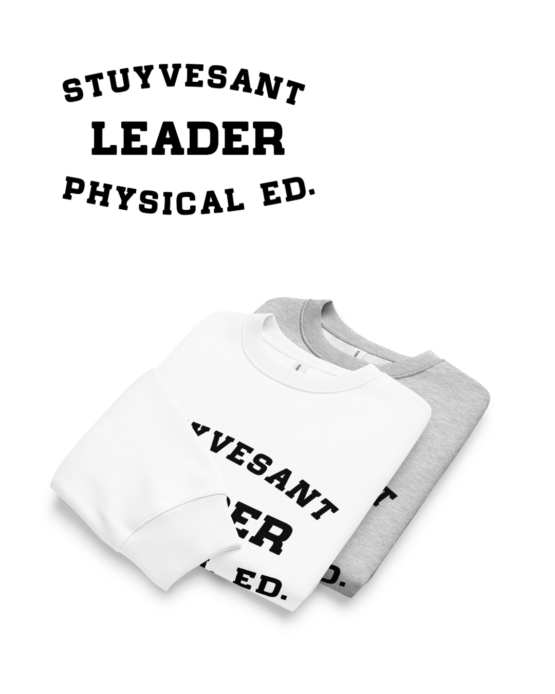 Stuyvesant Leader Heavy Sweater featuring arched lettering with physical education design in white and grey colors.