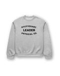 STUYVESANT LEADER HEAVY SWEATER in grey with black lettering for Physical Ed, embodying NYC pop culture style.