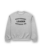 STUYVESANT LEADER HEAVY SWEATER in grey with black lettering for Physical Ed, embodying NYC pop culture style.