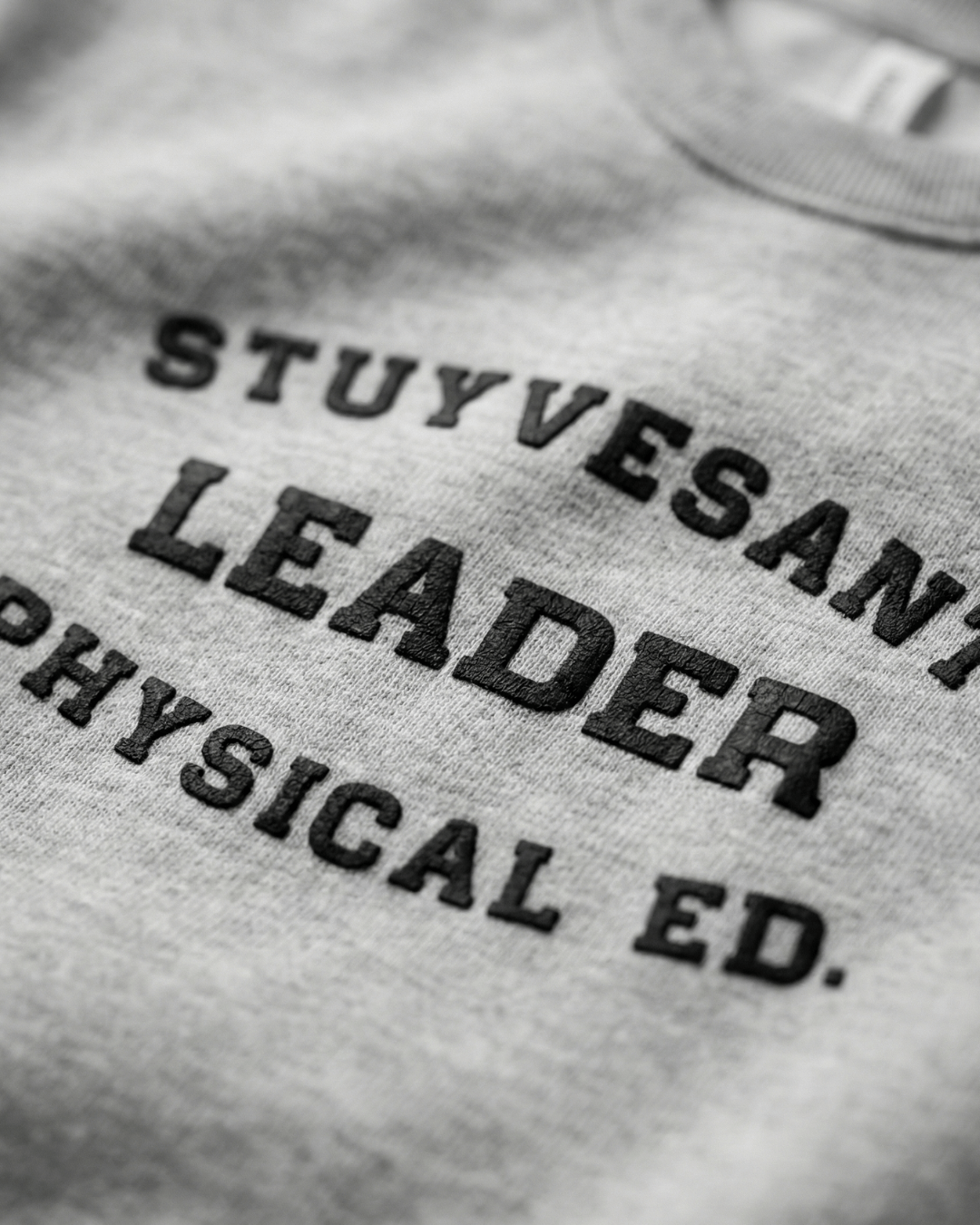 Close-up of STUYVESANT LEADER HEAVY SWEATER showcasing the PHYSICAL ED. graphic design on soft grey fabric.