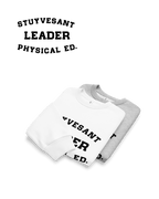 STUYVESANT LEADER HEAVY SWEATER displayed in white and gray, featuring bold 'PHYSICAL ED.' graphic.