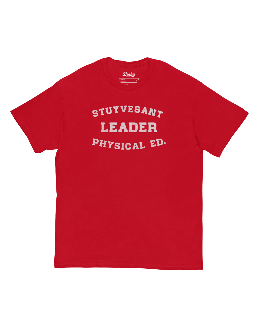 Stuyvesant Physical T-Shirt in Red with collegiate Stuyvesant Leader Physical Ed front graphic
