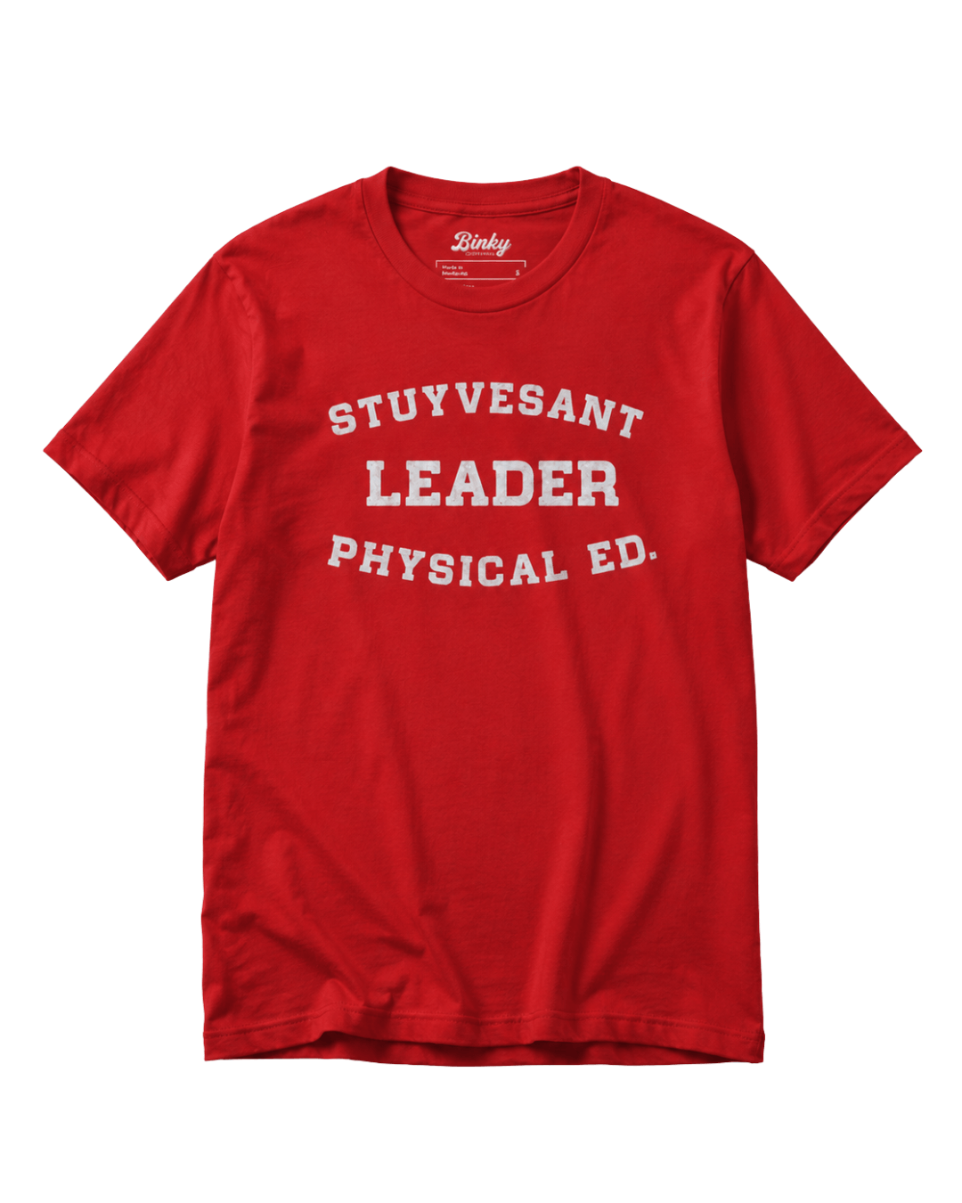 Beastie Boys T-Shirt | Stuyvesant Physical in red featuring 'STUYVESANT LEADER PHYSICAL ED.' graphic design.