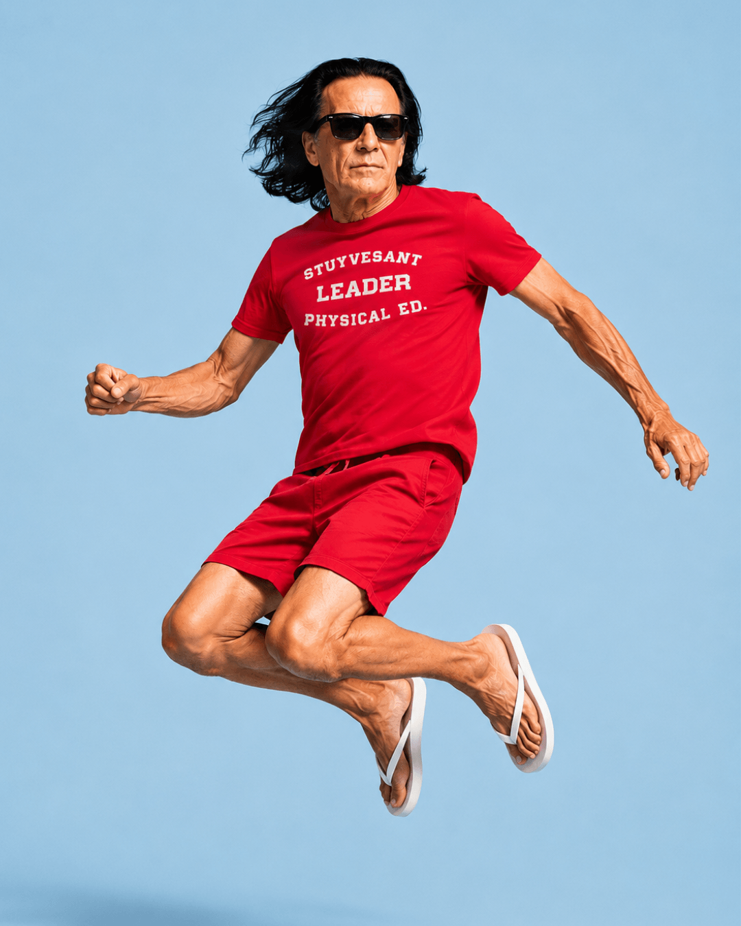 Walter wearing the Red Stuyvesant Physical T-Shirt with collegiate front graphic