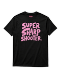 Super Sharp Shooter T-Shirt | Always Hit The Mark graphic design on a black t-shirt with pink lettering.
