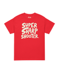 SUPER SHARP SHOOTER T-SHIRT | ALWAYS HIT THE MARK featuring bold text on a red background by Binky Comfywear.