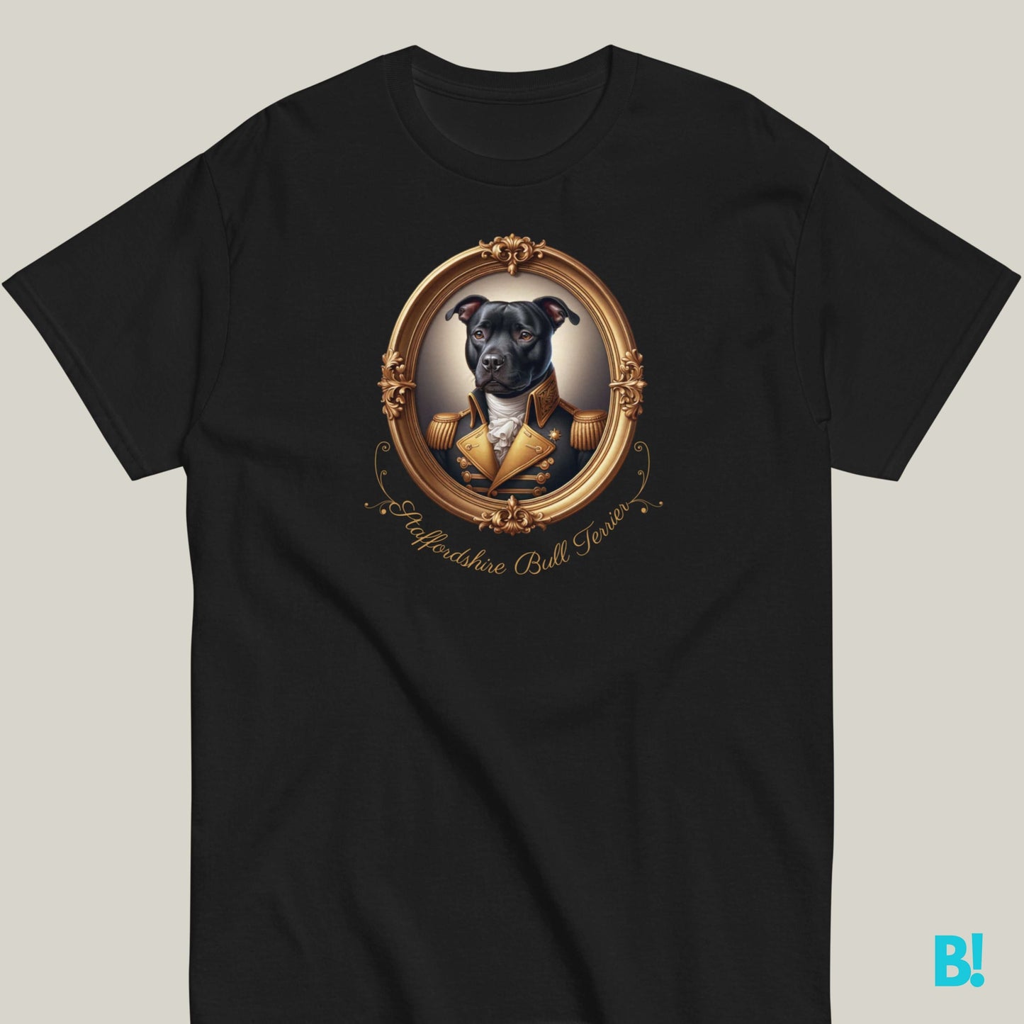 Staffordshire Bull Terrier portrait t-shirt, 100% cotton, available in 7 colors, featuring a classic Napoleon-era frame design.