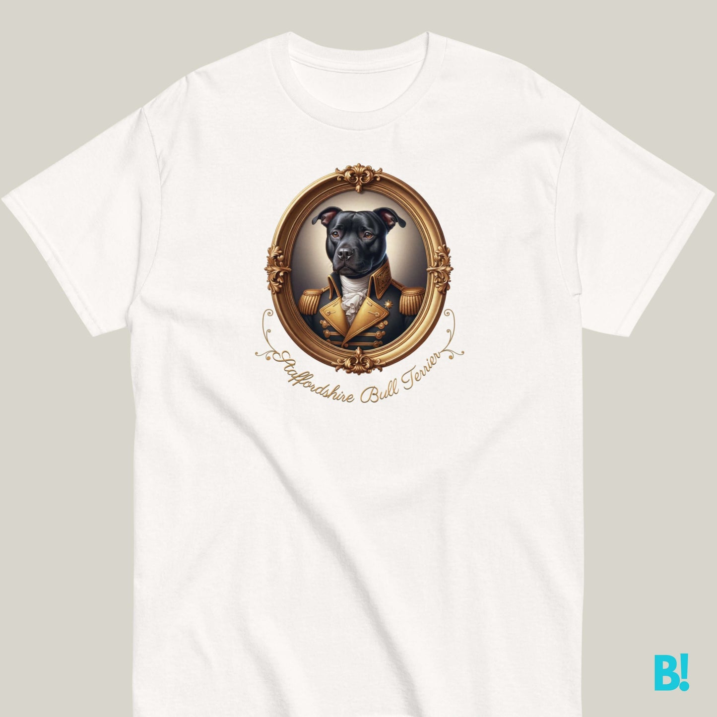 Staffordshire Bull Terrier portrait t-shirt in white, 100% soft cotton, available in 7 colors. Ideal for breed fans and classic art lovers.