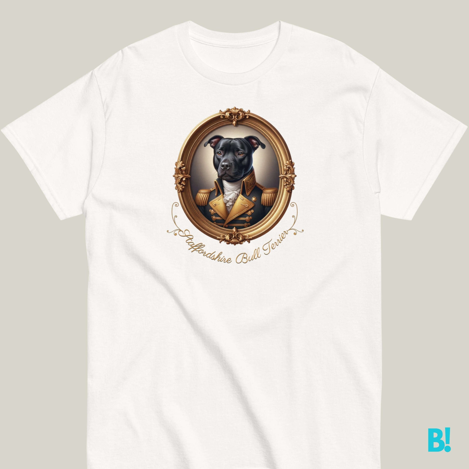 Staffordshire Bull Terrier portrait t-shirt in white, 100% soft cotton, available in 7 colors. Ideal for breed fans and classic art lovers.