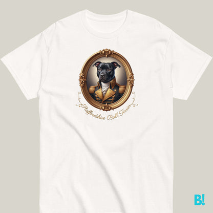 Staffordshire Bull Terrier portrait t-shirt in white, 100% soft cotton, available in 7 colors. Ideal for breed fans and classic art lovers.