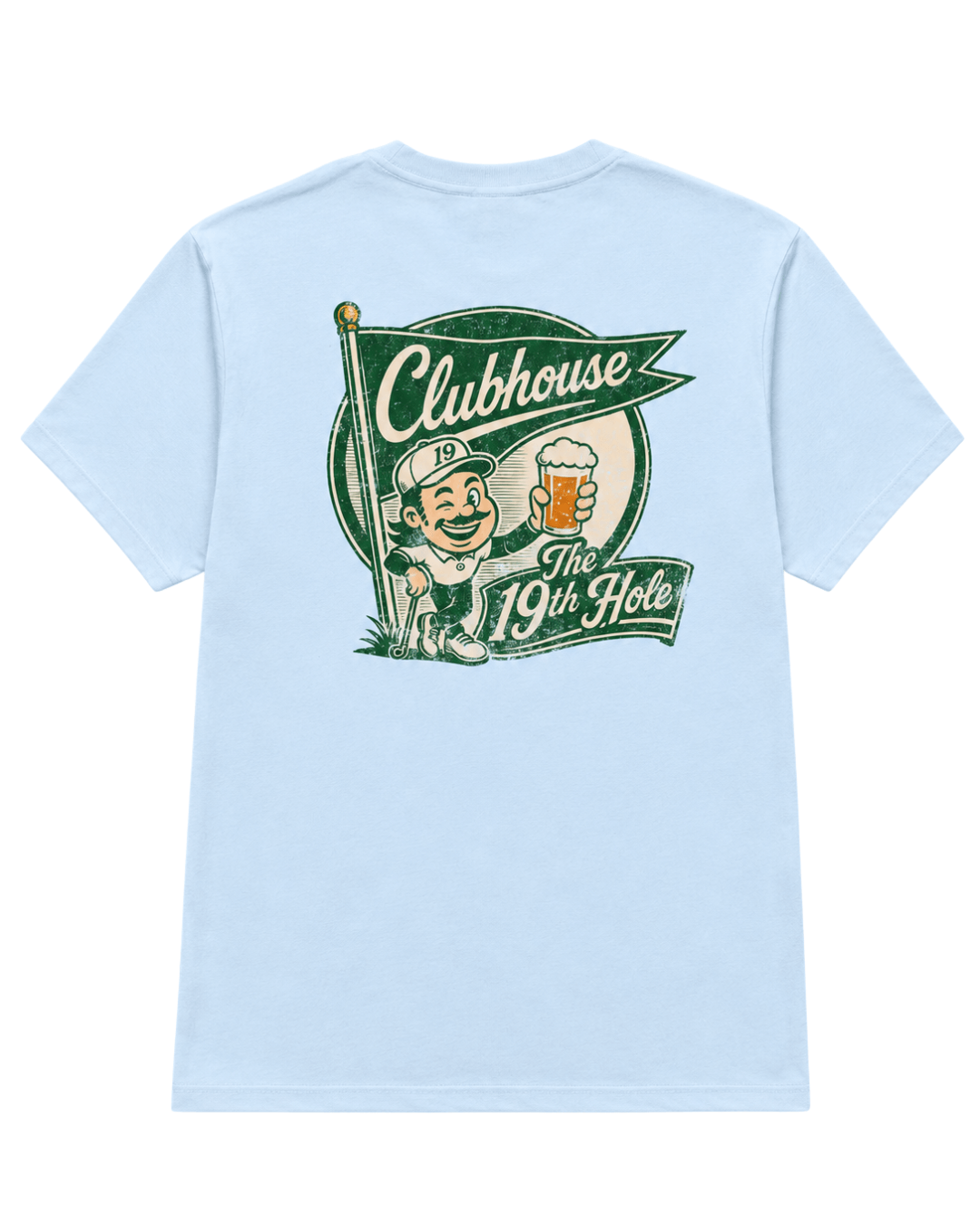 The 19th Hole T-Shirt | Clubhouse Classic design featuring a golfer and beer graphic.
