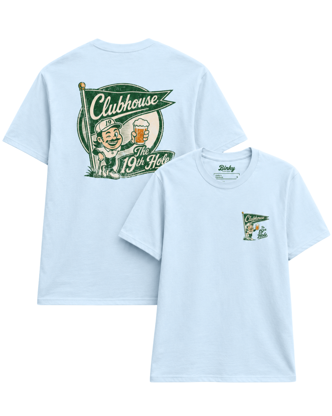 The 19th Hole T-Shirt | Clubhouse Classic in light blue featuring playful graphics by Binky comfywear.